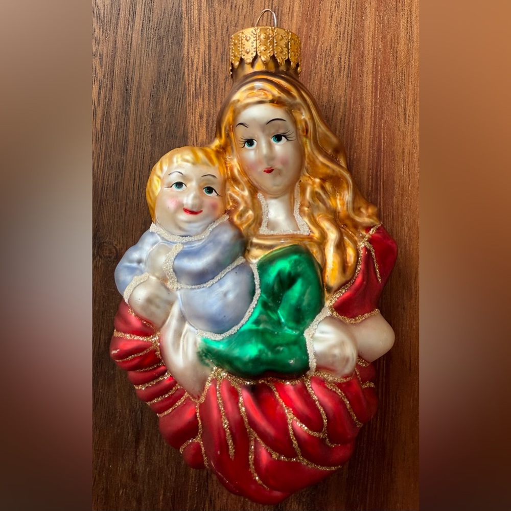Hand-Painted Glass Christmas Holiday Ornament Mother Mary with Child Jesus